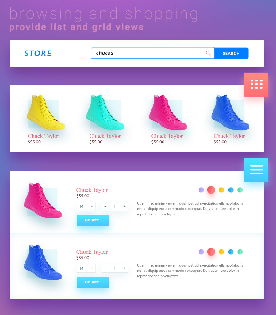 Provide a grid and list view for your shoppers. Let them shop your products the way they want.