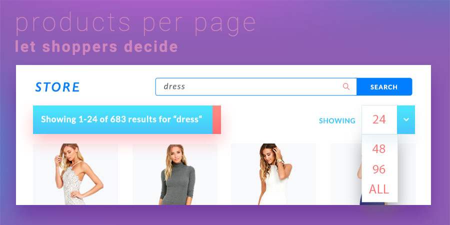Some shoppers like paginating, others want to see everything on the same page. Let your shoppers chose how many products per page they can view.