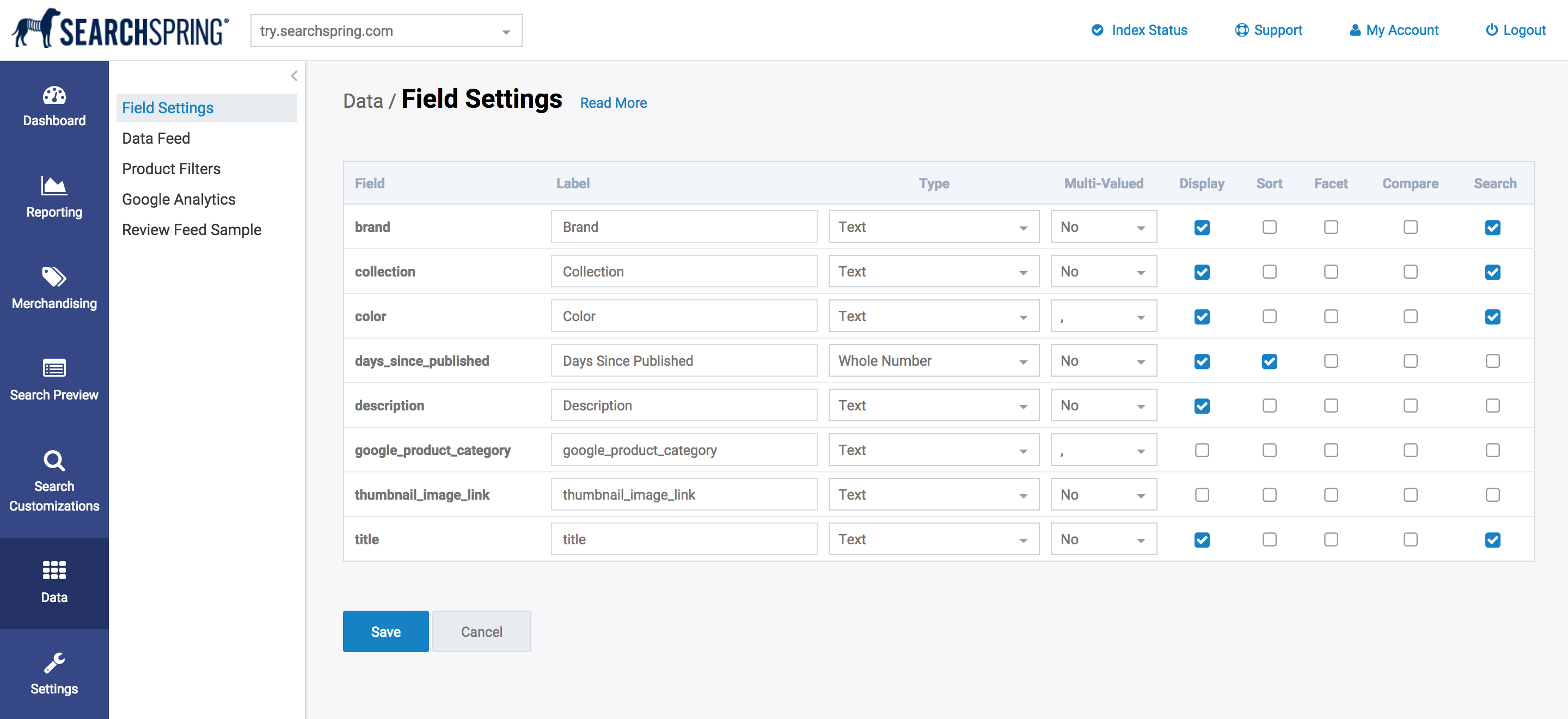 redesign searchspring managment console field settings