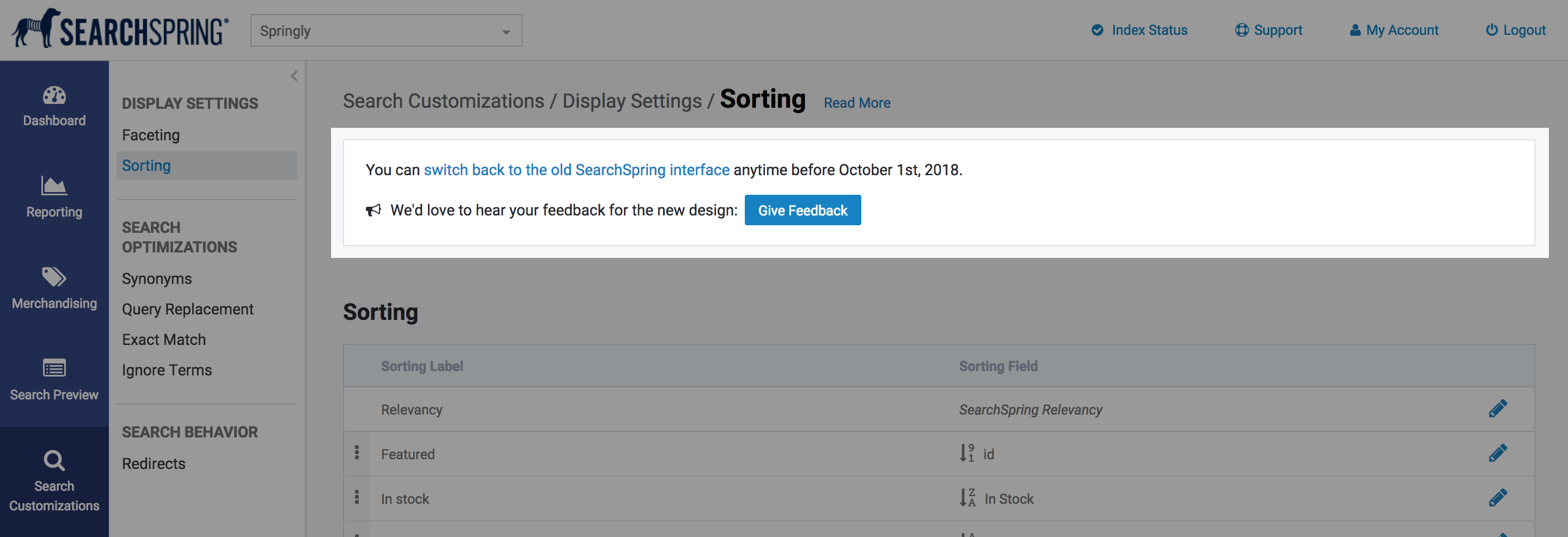 redesign searchspring managment console opt out