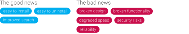 Plugin table: The good news: Easy to install, easy to uninstall, improved search. The bad news: Broken design, degraded speed, reliability, broken functionality, security risks