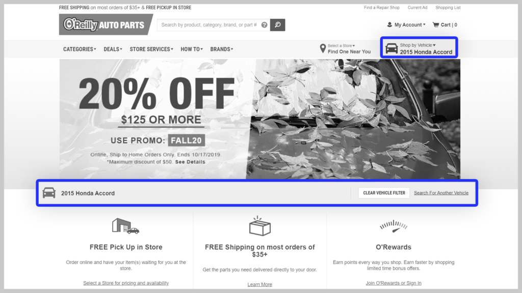 image showing a "my garage" UI element on an automotive store