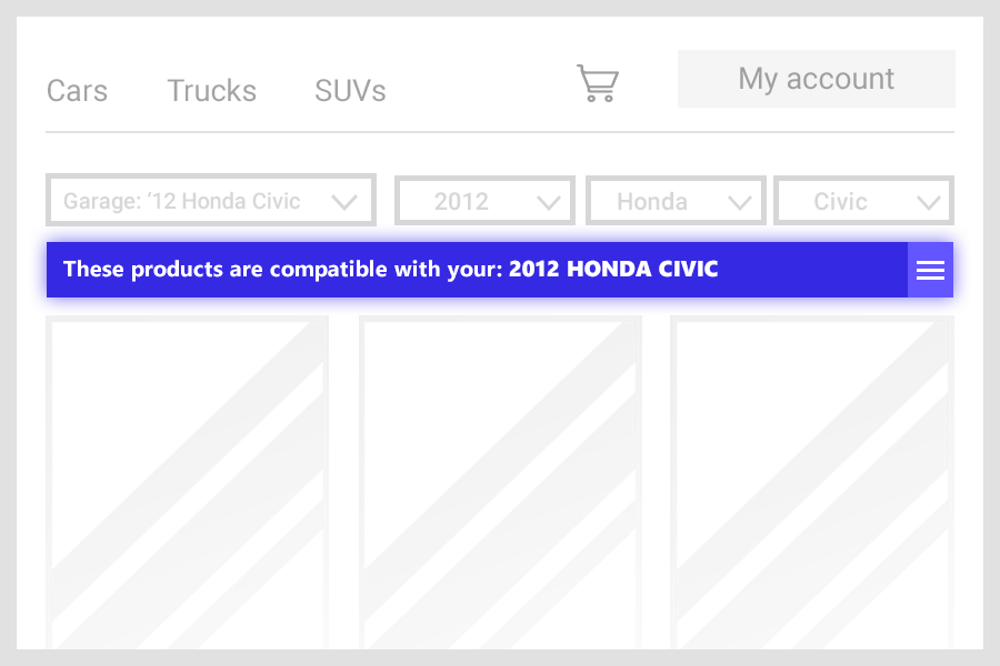 conceptual image depicting a compatibility indicator in the UI of an auto store for ecommerce product discovery