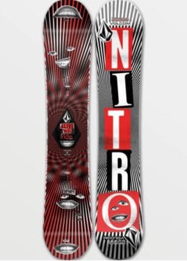 volcom snowboard with "Nitro" written on it - red, black and white in color