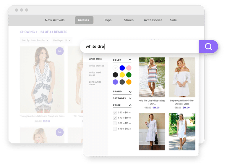 ecommerce product search with autocomplete: typing in search bar "white dress" with various options showing up including color, brand, category, and price. Image shows four variations of white dresses immediately popping up.