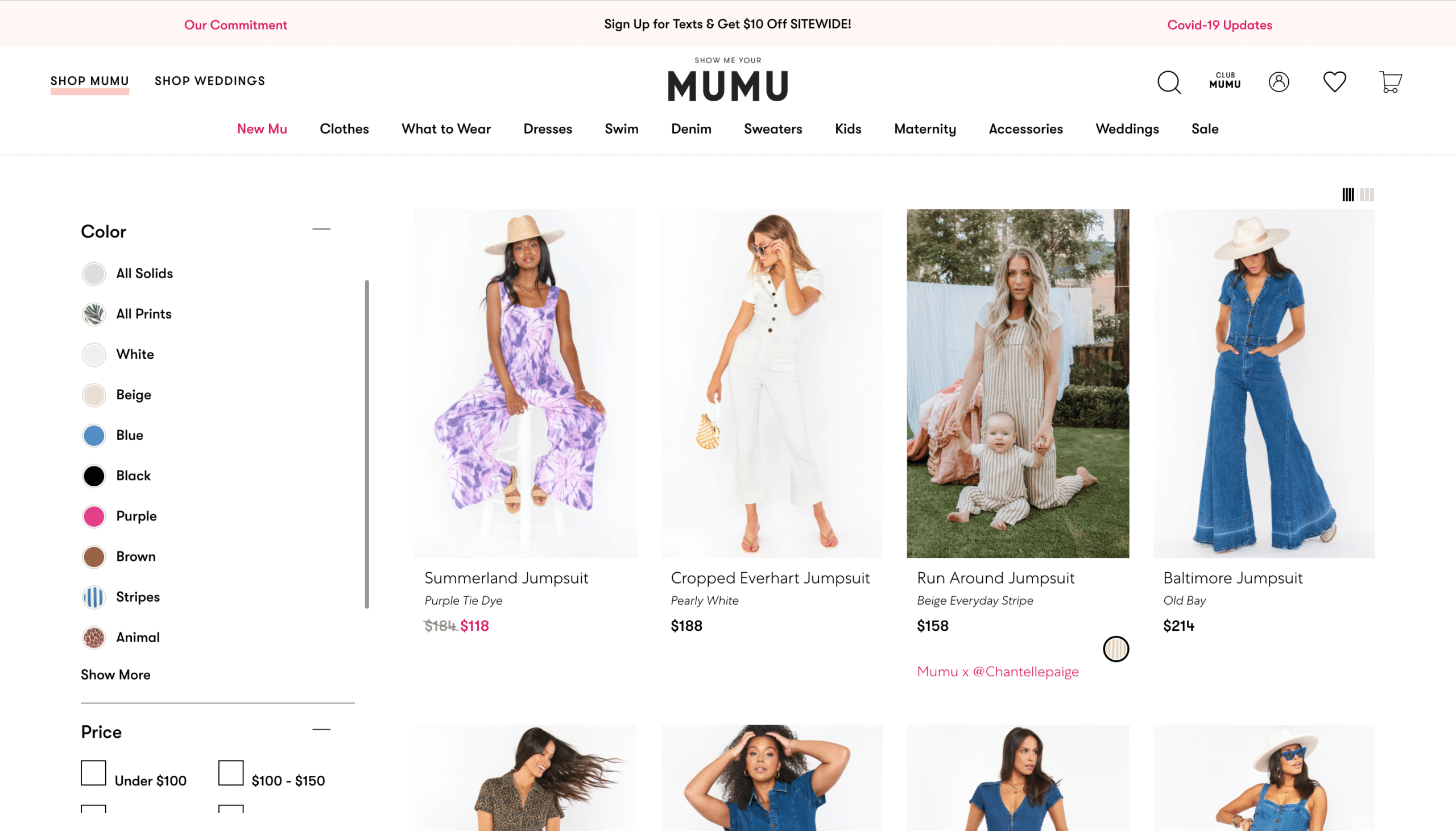 Show Me Your Mumu Product Page: Jumpsuits with color options displayed