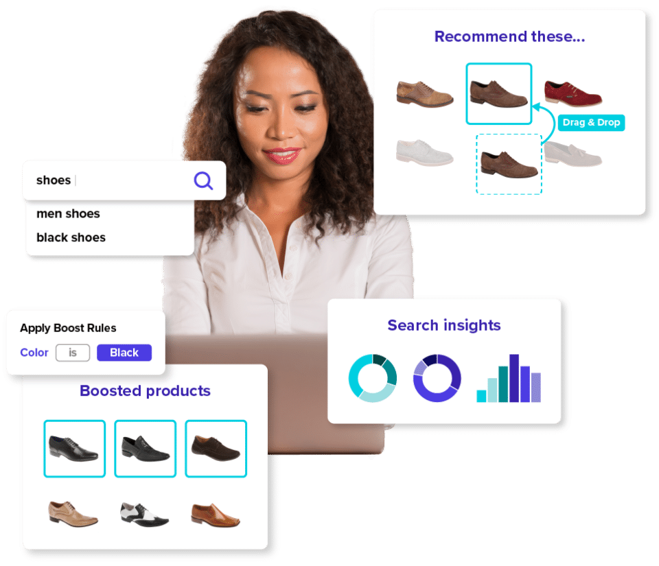 woman at computer searching for shoes. Content boxes pop up with shoes options to show searchspring capabilities