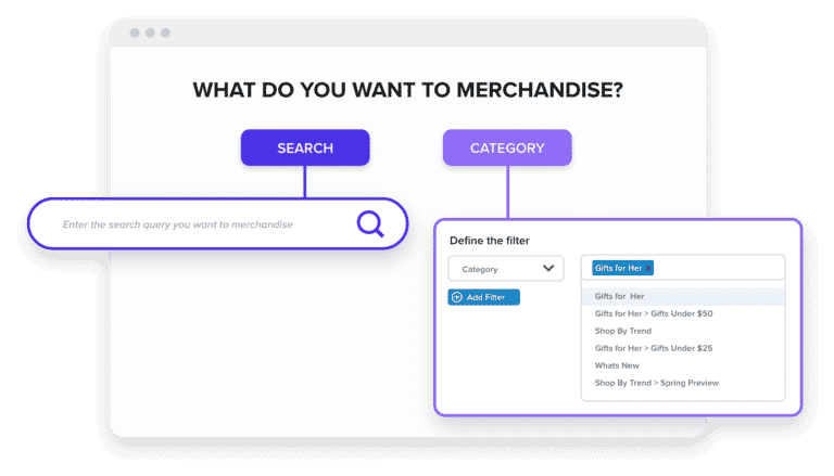 What do you want to merchandise? Search bar and category options for merchandising product page