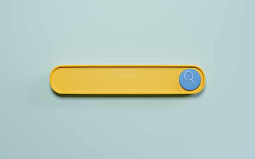 Yellow search bar icon element design on blue background for SEO or Search Engine Optimisation and technology marketing concept by 3d render.