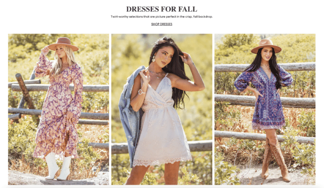 Lime Lush Fall Dress campaign - three mini dresses with a fall background 
