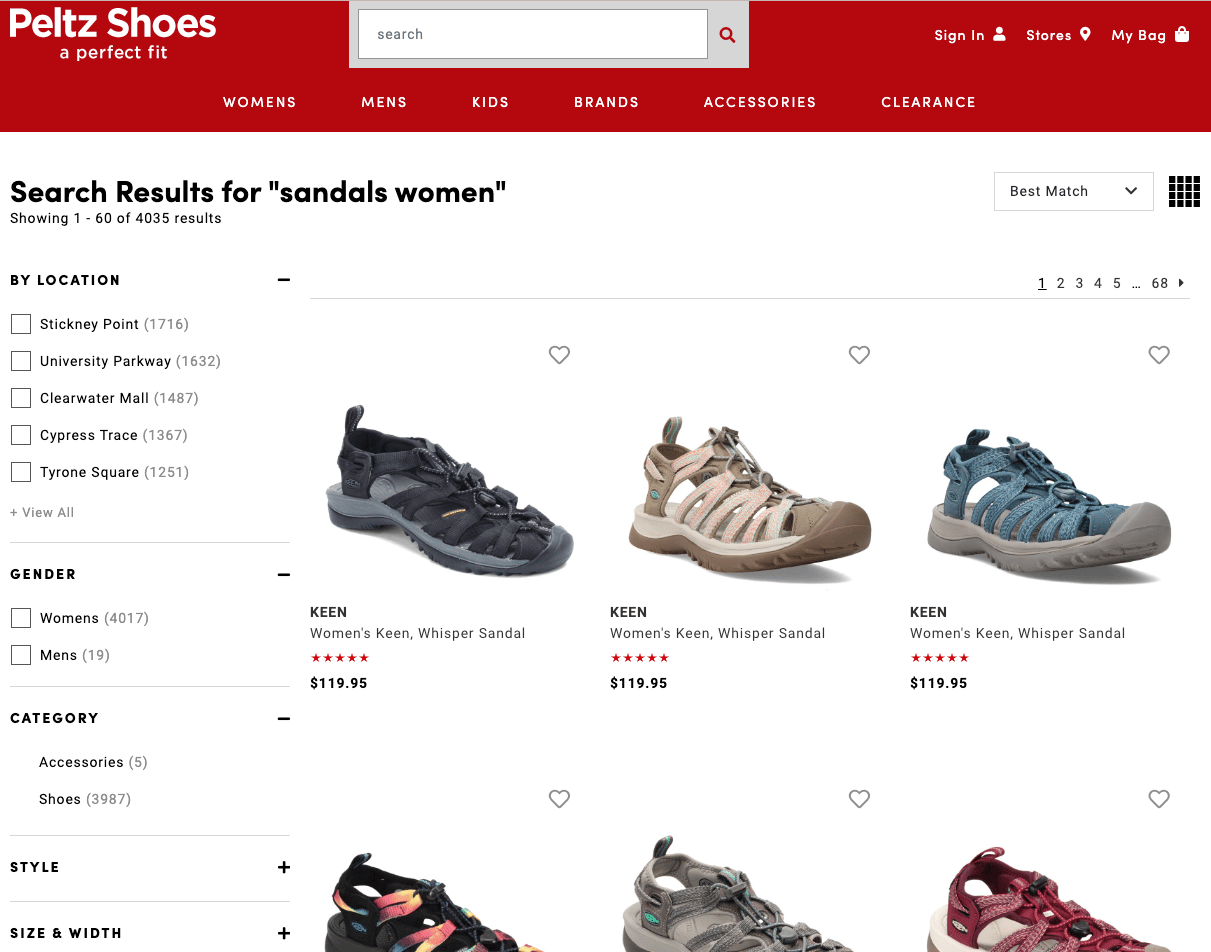 Peltz Shoes website; womens sandals search results based on previous shopper behavior (athletic sandals)