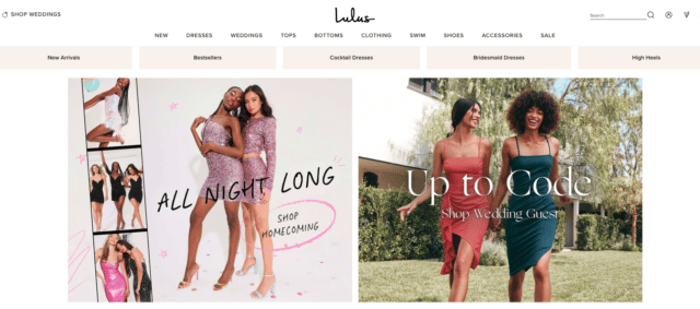 Lulus homepage with categories at the top