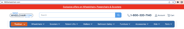 1-800-Wheelchair search bar front and center; product categories below search bar