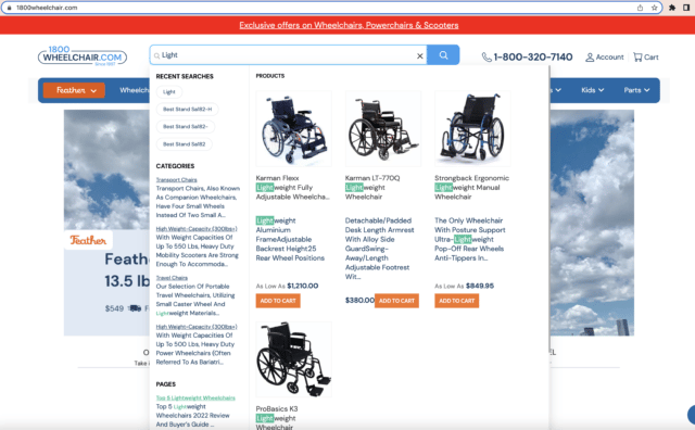 1800wheelchair autocomplete and suggestions while typing "search" into the search bar