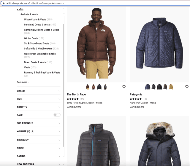 Altitude Sports men's jacket collection page showing filters and puffy jackets