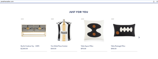jonathan adler homepage with "Just for you" recommendations featuring a credenza and pillows