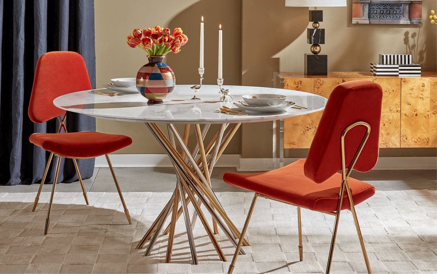 Jonathan Adler, red dining chairs, white round dining table