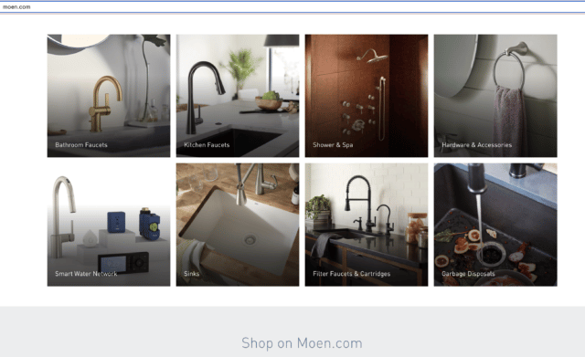 Moen homepage featuring different faucet categories for shoppers to choose from