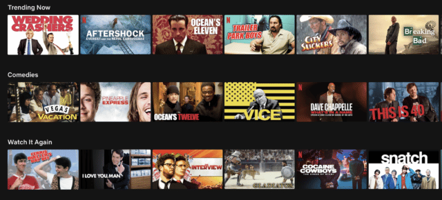 netflix homepage featuring trending now, comedies, and watch it again