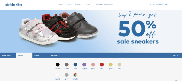 Stride Rite's Campaign Landing Page for Buy one get one 50% off; Features three children's sneakers in grey, black, and pink on a blue background; Displays product filter option for the shopper to specify what color they would like to see