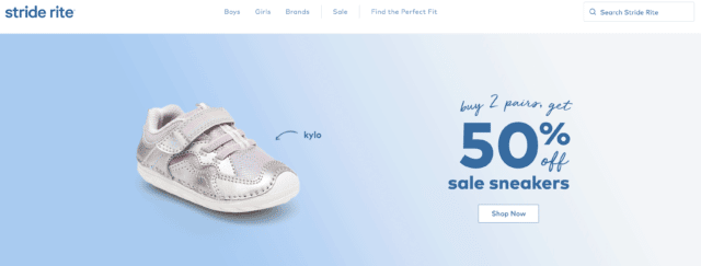 Stride Rite BOGO 50% off shoe sale - girls pink tennis shoe with velcro on blue background