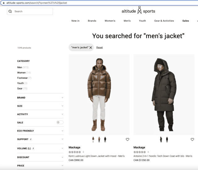 altitude sports men's jacket search results page featuring puffy jackets. Filters are on the left side of the image