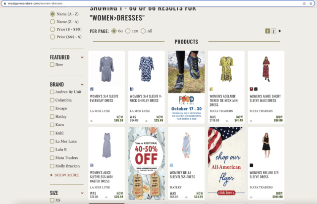 mast general store search results page for "woman's dresses"- page features inline banners advertising campaigns, events, and flyers