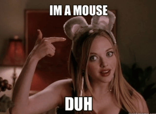 meme: Mean Girls character, Karen, pointing to mouse ears on her head with the text "I'm a mouse. DUH"