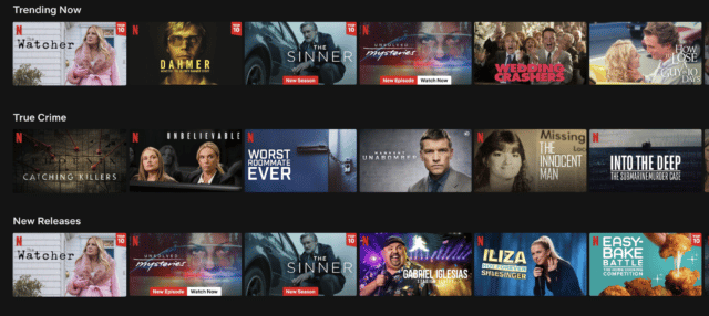 Netflix homepage showing personalization; trending now, true crime, new releases 