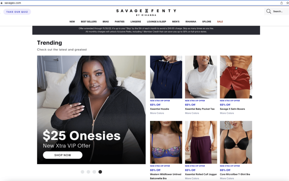 savage fenty x onsies featured on homepage for $25 as a trending product