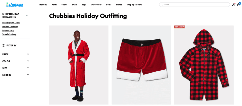 Chubbies holiday collection product page, santa robe, red and white holiday boxers, red and black onesie