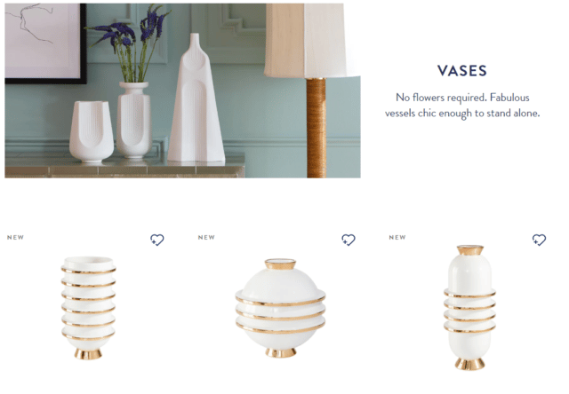 Jonathan Adler merchandising example showing their vase category product page. Top is a banner