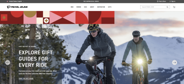 Pearl izumi holiday gift guide promotion; two people on bikes with a mountain in the background; options to shop mens and women's gifts