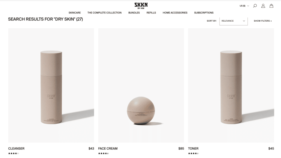 skkn by kim dry skin search results - populates toner, moisturizer, and cleaner 
