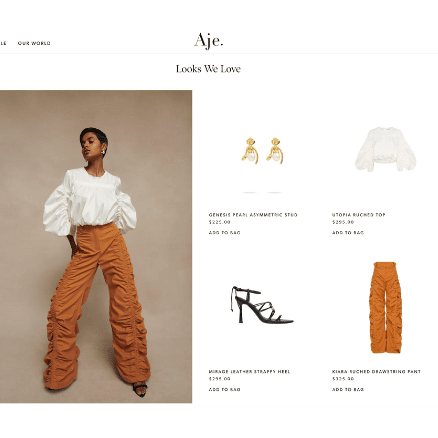 Aje merchandising featuring a woman in white button down shirt and wide leg brown pants. Matching shoes, and earring to complete outfit
