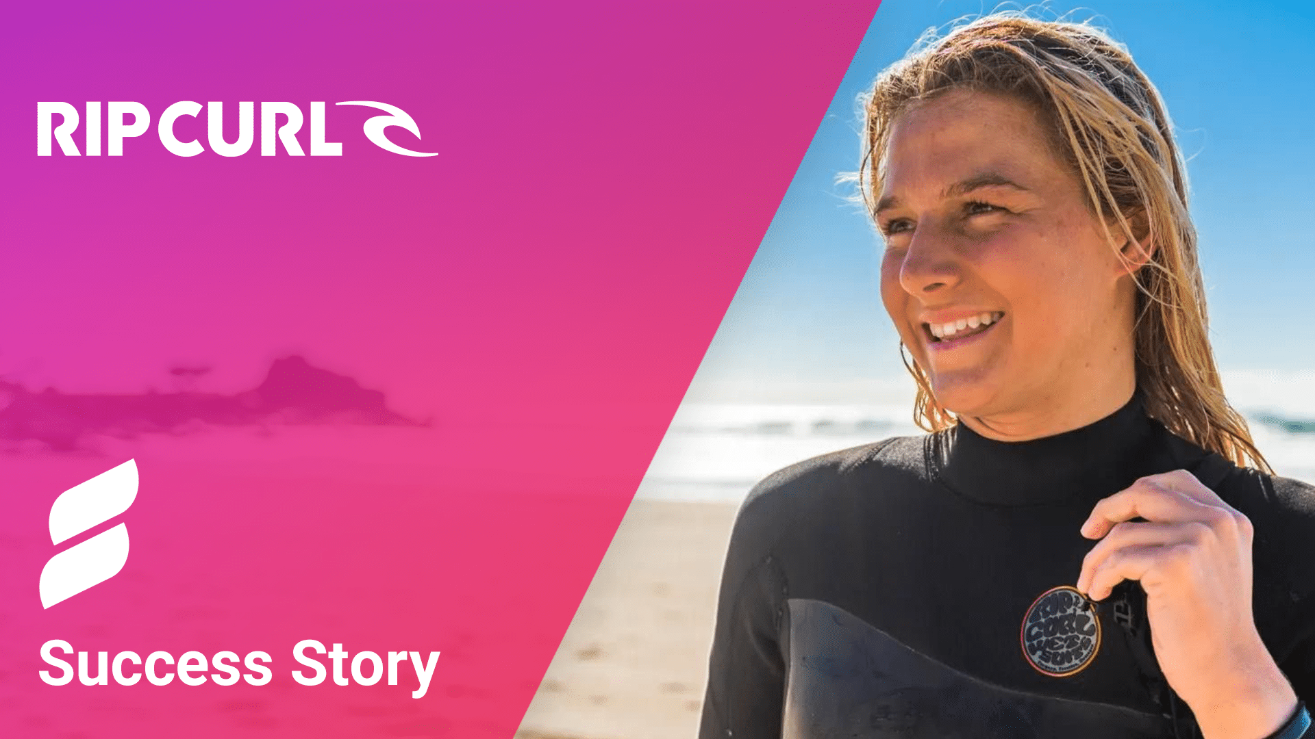 Rip Curl Case Study featured image - blonde, female surfer in black rip curl wet suit smiling on beach; rip curl logo, searchspring logo; the words 