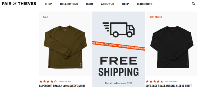 Pair of Thieves inline banner displaying Free Shipping for orders over $60. Banners is displayed on product page between two mens t shirts 