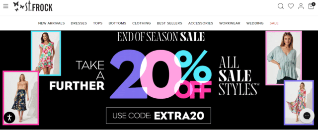 St Frock homepage banner featuring an end of season sale. 4 images of women in dresses with a code for 20% off (code: EXTRA20)