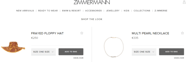Zimmerman product recommendations to "complete the look" with a hat and jewelry 