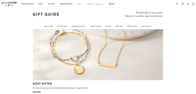 Pura Vida gift guide landing page _ most gifted featured with a banner showing a gold and silver braclet and a gold bar necklace _ CTa is 