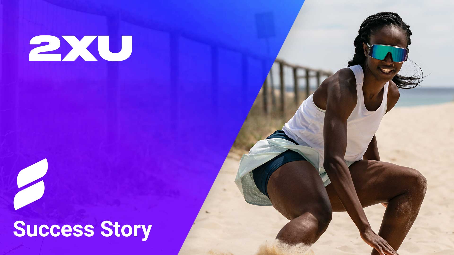 2XU Searchspring Success Story / Case Study Black Woman in sunglasses and athletic wear - grey spandex shorts and white tank - on a beach