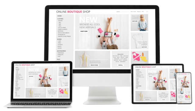 various screens - desktop, laptop, ipad, mobile - showing the same boutique shopping collection