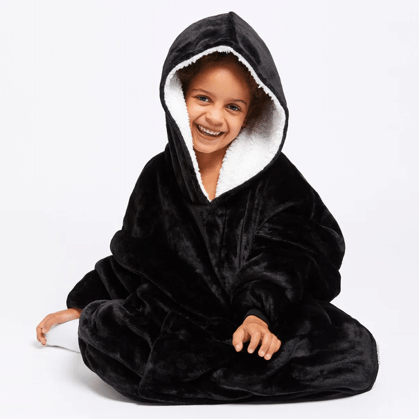 child in a black onsie with hood